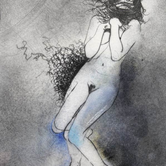 le_chant_du_bouc_2_body_pastel_drypoint_engraving_on_17_by_13_cm_paper_by_author_Sophie_Rambert
