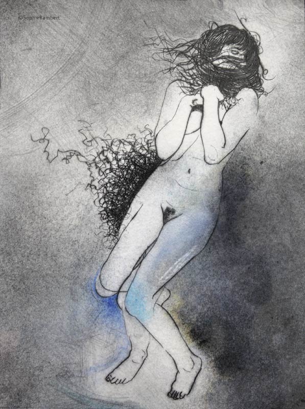 le_chant_du_bouc_2_body_pastel_drypoint_engraving_on_17_by_13_cm_paper_by_author_Sophie_Rambert